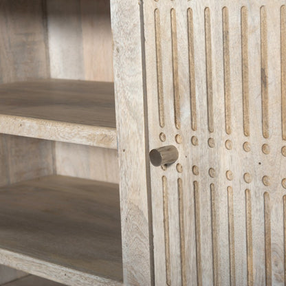 60" Ivory Carved Geometric Distressed Solid Wood Enclosed and Open Storage TV Stand