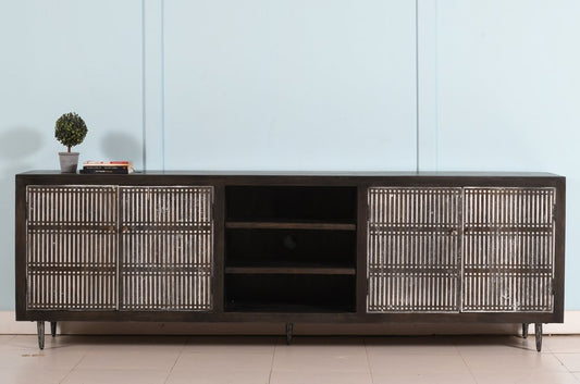 92" Dark Brown Carved Geometric Distressed Solid Wood Enclosed and Open Storage TV Stand