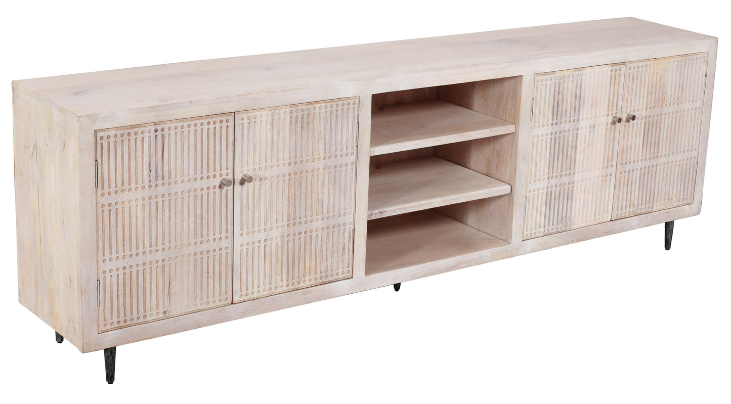 92" Ivory Carved Geometric Distressed Solid Wood Enclosed and Open Storage TV Stand