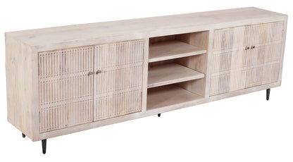92" Ivory Carved Geometric Distressed Solid Wood Enclosed and Open Storage TV Stand