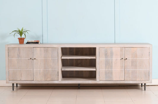 92" Ivory Carved Geometric Distressed Solid Wood Enclosed and Open Storage TV Stand