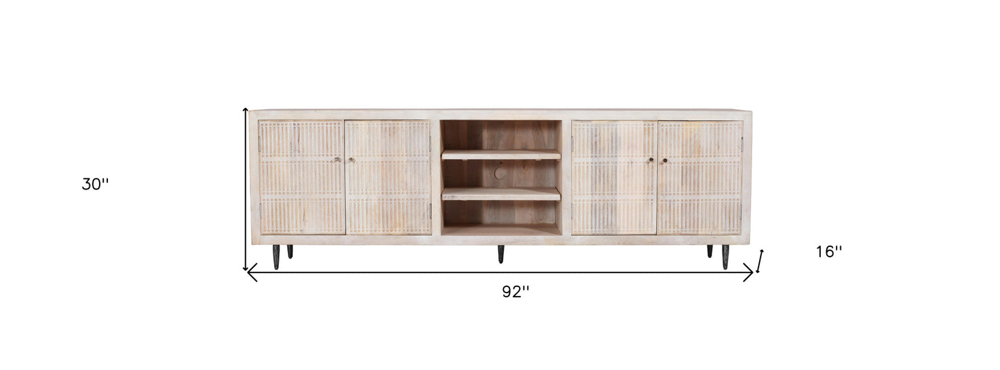 92" Ivory Carved Geometric Distressed Solid Wood Enclosed and Open Storage TV Stand