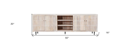 92" Ivory Carved Geometric Distressed Solid Wood Enclosed and Open Storage TV Stand