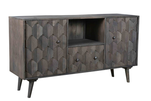 55" Dark Gray Carved Geometric Distressed Solid Wood Enclosed and Open Storage TV Stand