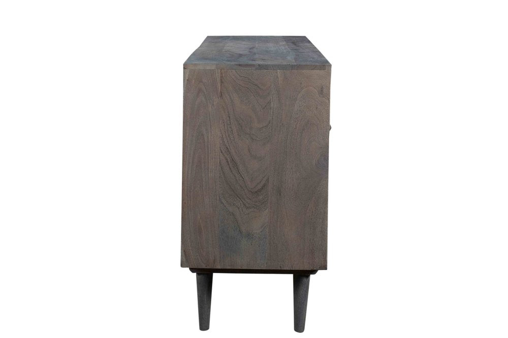55" Dark Gray Carved Geometric Distressed Solid Wood Enclosed and Open Storage TV Stand