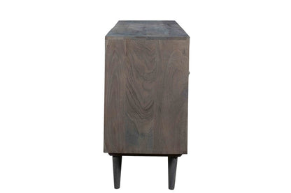 55" Dark Gray Carved Geometric Distressed Solid Wood Enclosed and Open Storage TV Stand