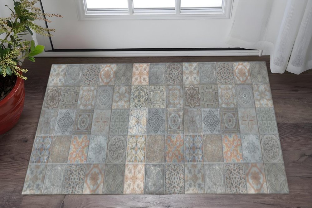2' X 5' Brown And Gray Mosaic Tile Printed Vinyl Area Rug with UV Protection