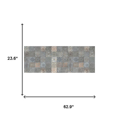 2' X 5' Brown And Gray Mosaic Tile Printed Vinyl Area Rug with UV Protection