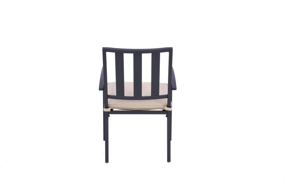 Set of Two Dark Gray Aluminum Outdoor Stacking Dining Chairs with Beige Cushion