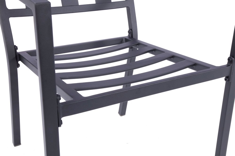 Set of Two Dark Gray Aluminum Outdoor Stacking Dining Chairs with Beige Cushion