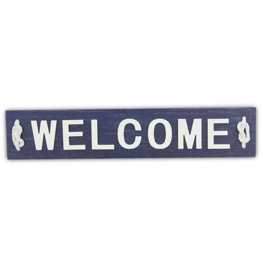6" X 32" Navy Blue And White Welcome Wood Wall Decor