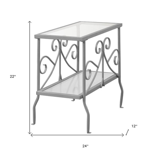 22" Silver And Clear Metal And Tempered Glass End Table With Shelf