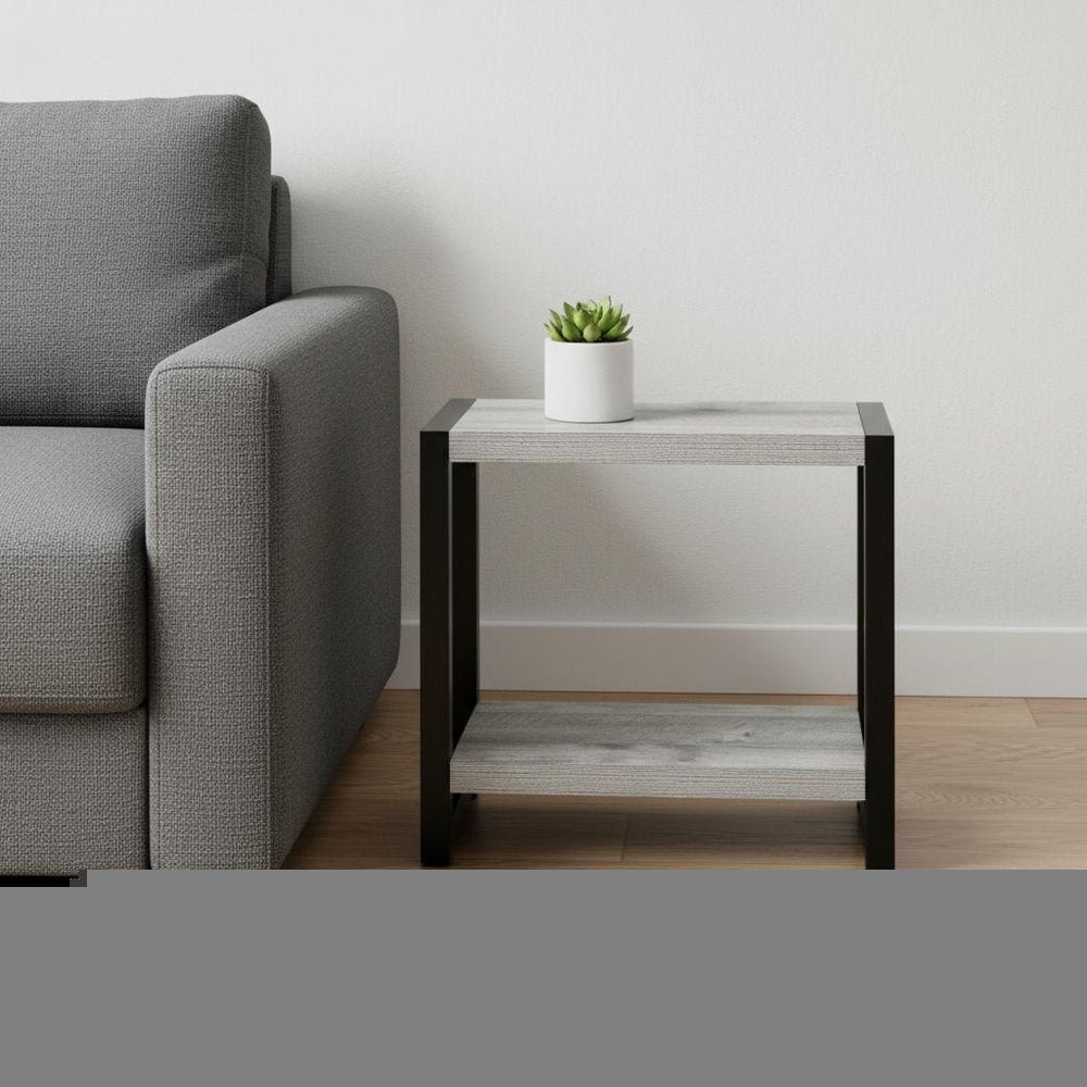 22" Gray And Black Wood And Metal Frame End Table With Shelf
