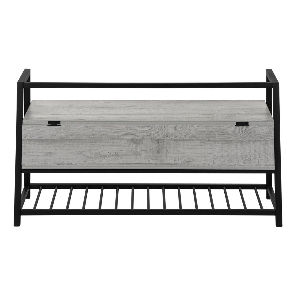 42" Gray And Black Steel and Wood Storage Entryway Stool With Flip Top And Shoe Storage