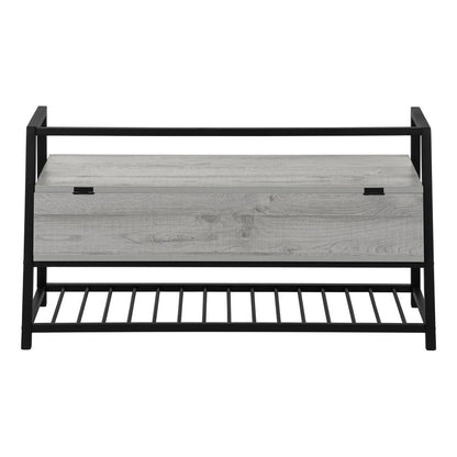 42" Gray And Black Steel and Wood Storage Entryway Stool With Flip Top And Shoe Storage
