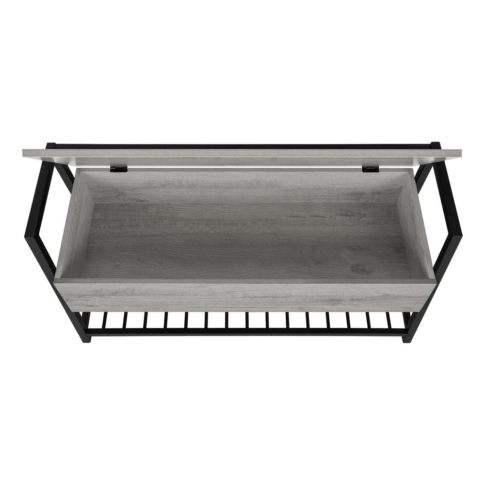 42" Gray And Black Steel and Wood Storage Entryway Stool With Flip Top And Shoe Storage