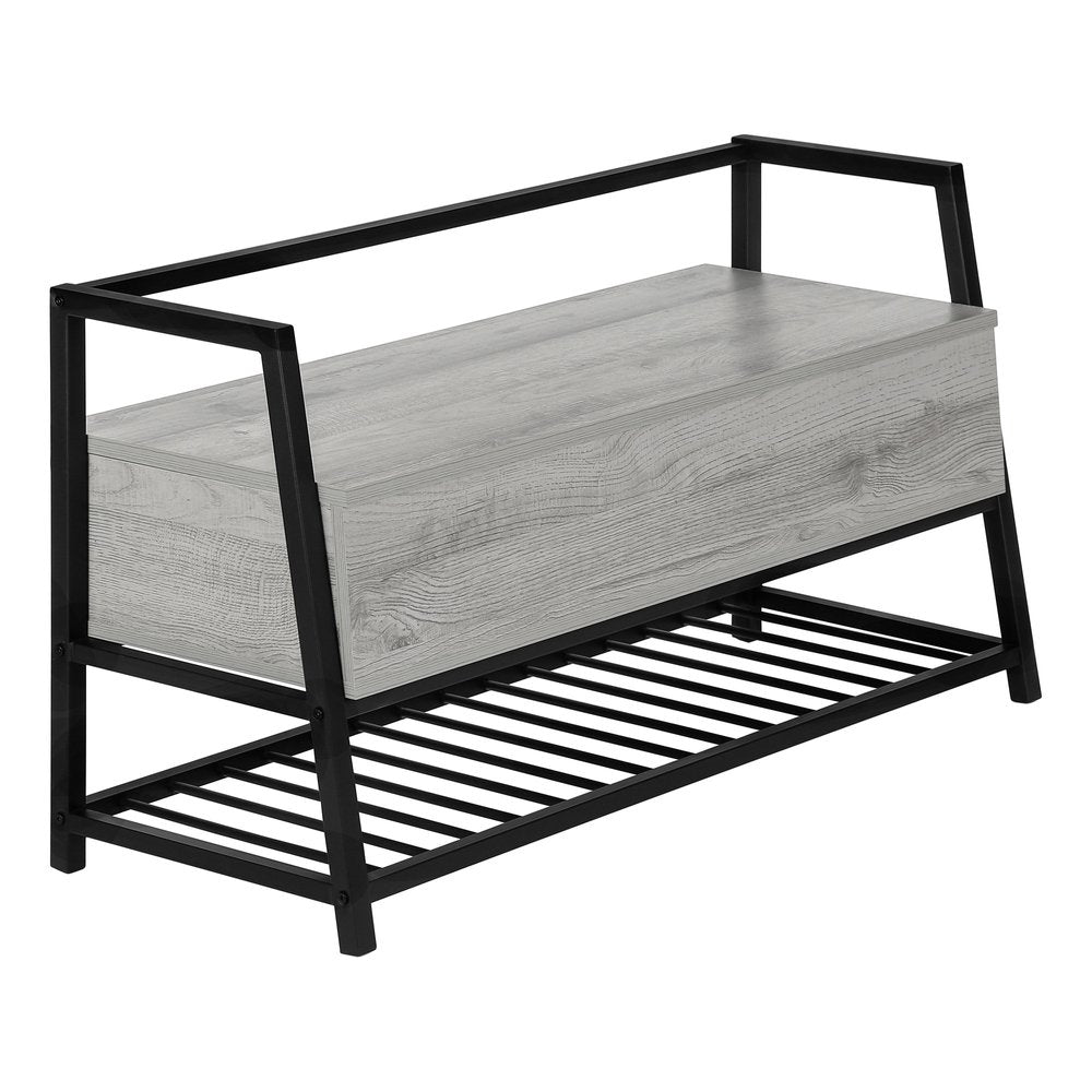 42" Gray And Black Steel and Wood Storage Entryway Stool With Flip Top And Shoe Storage