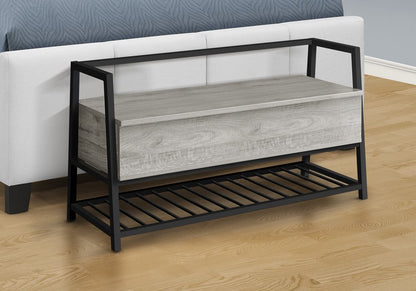 42" Gray And Black Steel and Wood Storage Entryway Stool With Flip Top And Shoe Storage