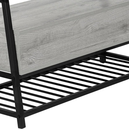 42" Gray And Black Steel and Wood Storage Entryway Stool With Flip Top And Shoe Storage