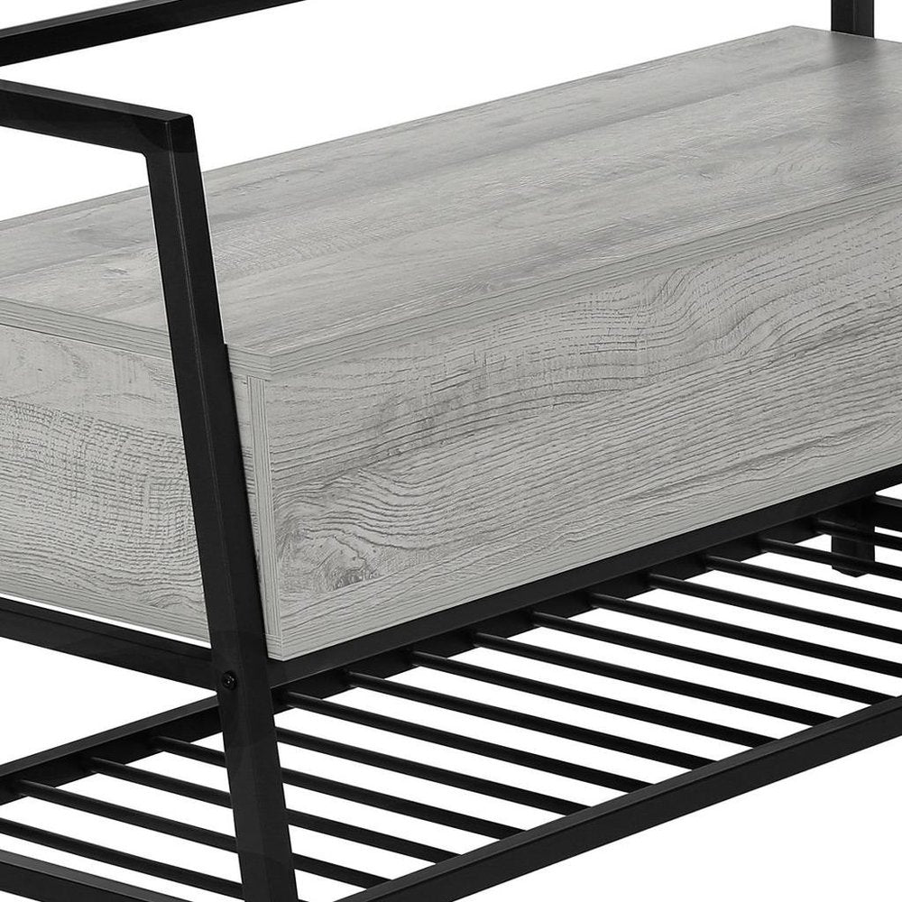 42" Gray And Black Steel and Wood Storage Entryway Stool With Flip Top And Shoe Storage