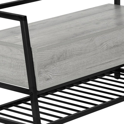 42" Gray And Black Steel and Wood Storage Entryway Stool With Flip Top And Shoe Storage