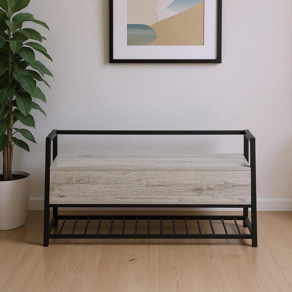 42" Gray And Black Steel and Wood Storage Entryway Stool With Flip Top And Shoe Storage