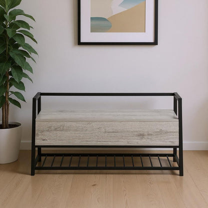 42" Gray And Black Steel and Wood Storage Entryway Stool With Flip Top And Shoe Storage