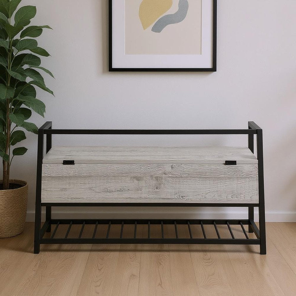 42" Gray And Black Bench With Flip top
