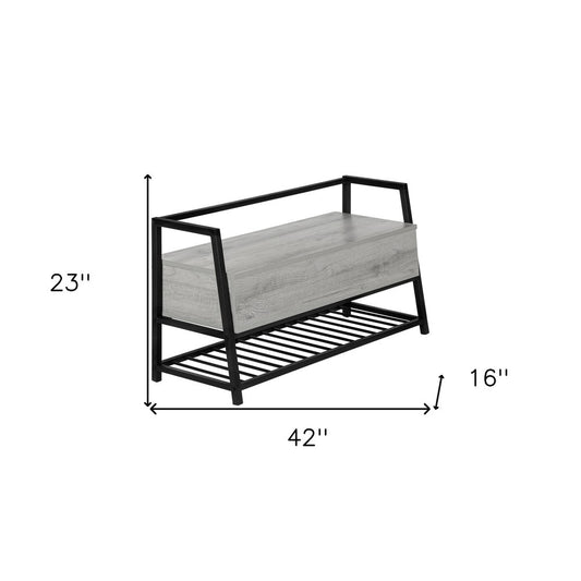 42" Gray And Black Steel and Wood Storage Entryway Stool With Flip Top And Shoe Storage