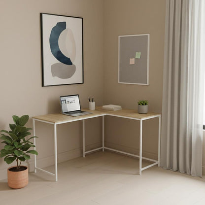 58" Natural and White Wood and Metal Corner Computer Desk