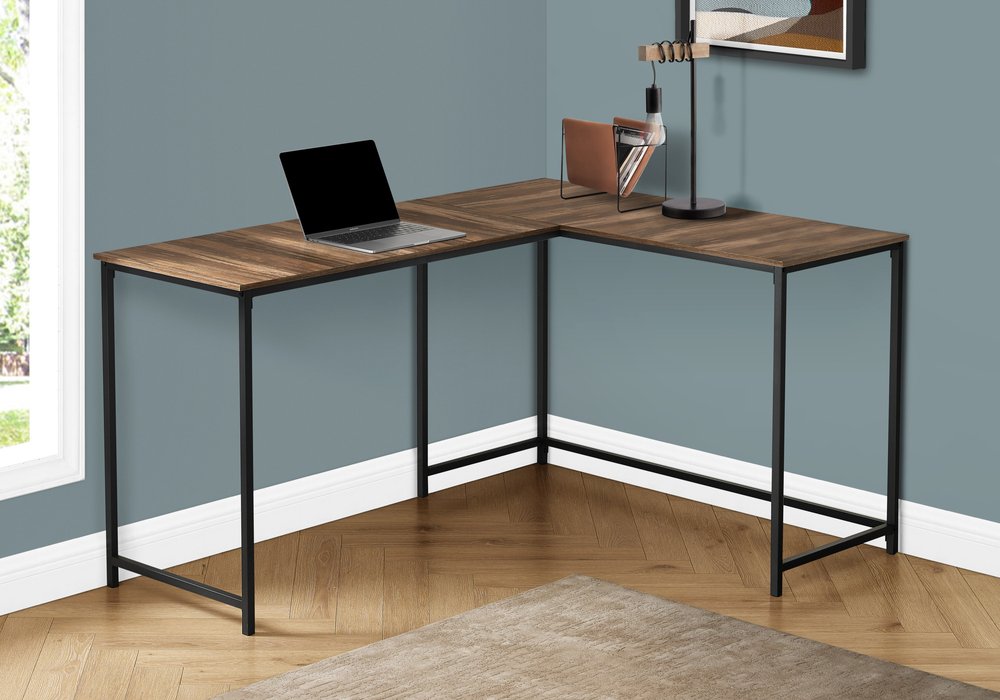 58" Brown and Black Wood and Metal Corner Computer Desk