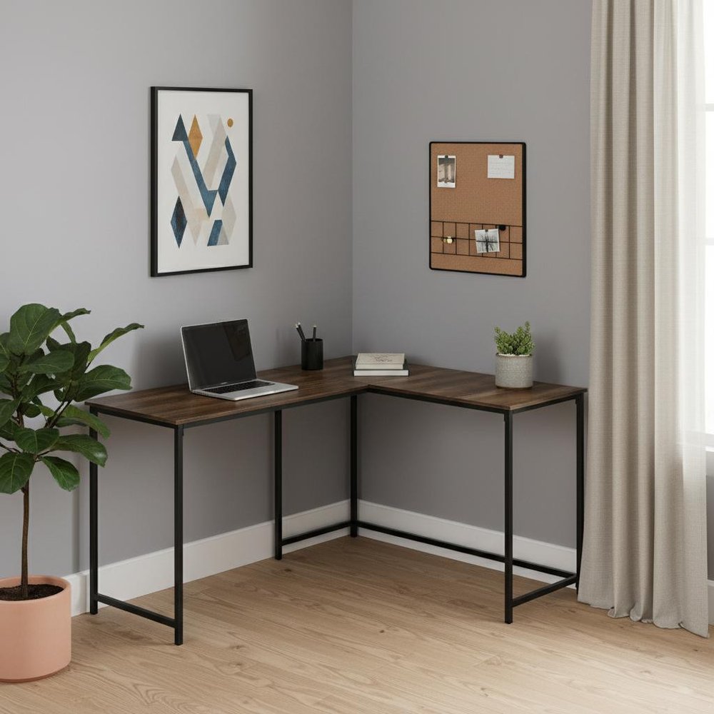 58" Brown and Black Wood and Metal Corner Computer Desk