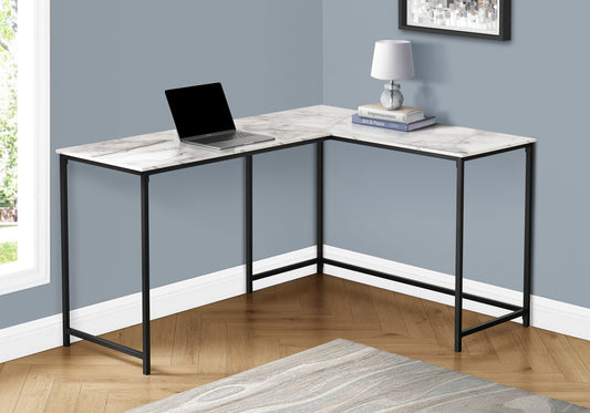 58" White and Black Faux Marble Wood And Metal Corner Computer Desk