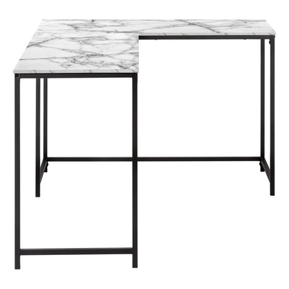 58" White and Black Faux Marble Wood And Metal Corner Computer Desk