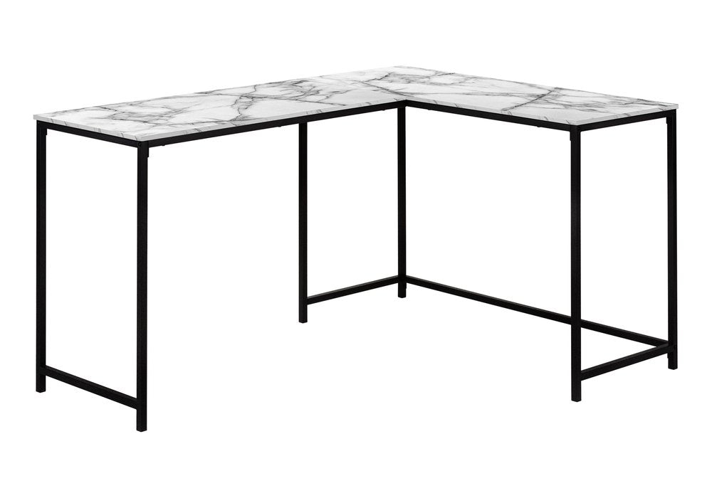 58" White and Black Faux Marble Wood And Metal Corner Computer Desk
