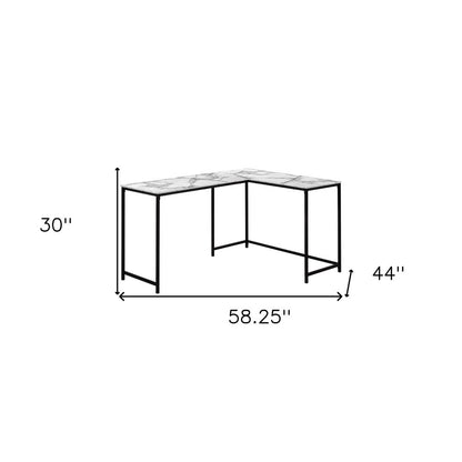 58" White and Black Faux Marble Wood And Metal Corner Computer Desk