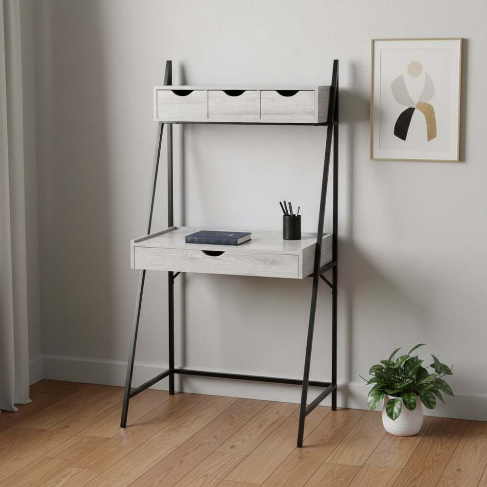 32" Gray and Black Wood and Metal Sled Computer Desk With Four Drawers