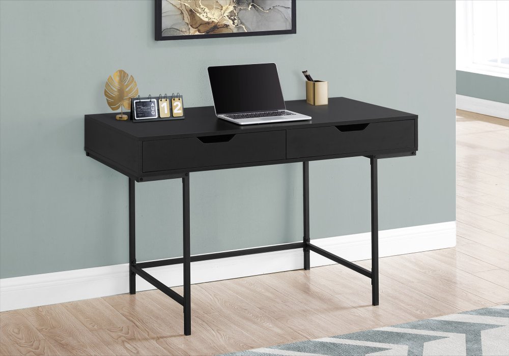 47" Black Wood and Metal H-Shape Computer Desk With Two Drawers