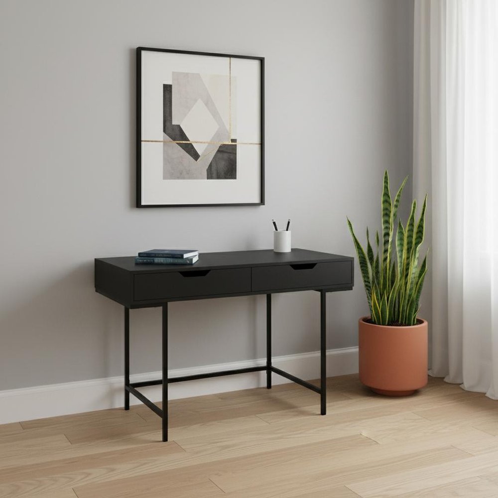 47" Black Wood and Metal H-Shape Computer Desk With Two Drawers