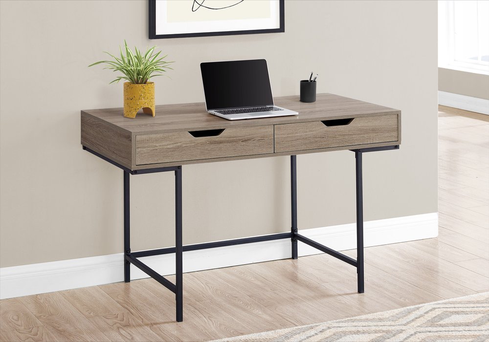 47" Taupe and Black Wood and Metal H-Shape Computer Desk With Two Drawers