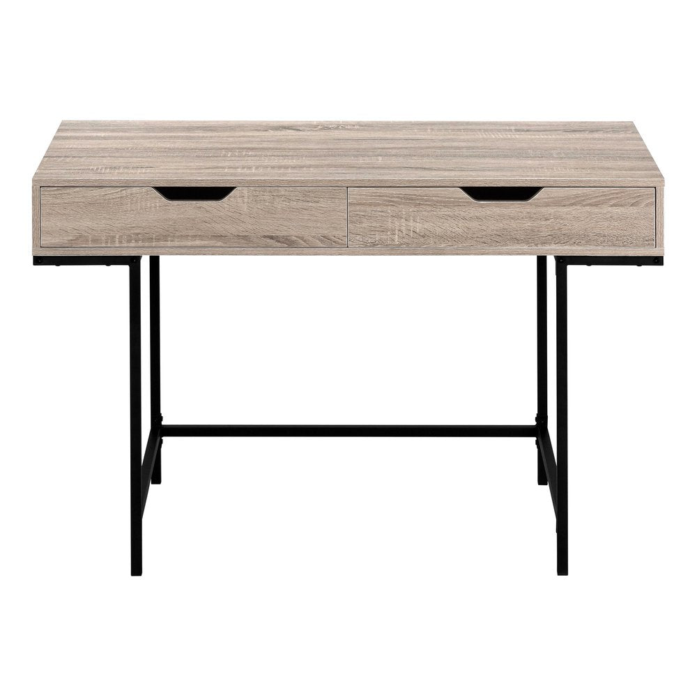 47" Taupe and Black Wood and Metal H-Shape Computer Desk With Two Drawers