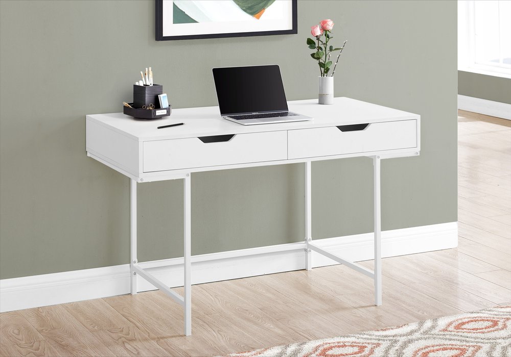 47" White Wood and Metal H-Shape Computer Desk With Two Drawers