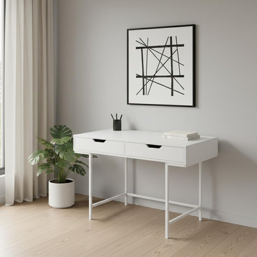 47" White Wood and Metal H-Shape Computer Desk With Two Drawers