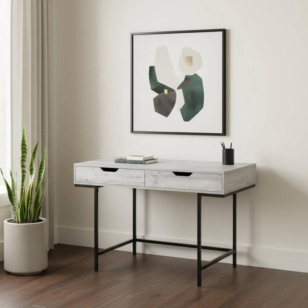 47" Gray and Black Wood and Metal H-Shape Computer Desk With Two Drawers