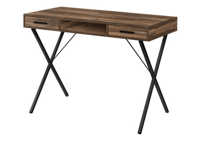 42" Brown and Black Wood and Metal x-Shape Computer Desk With Two Drawers