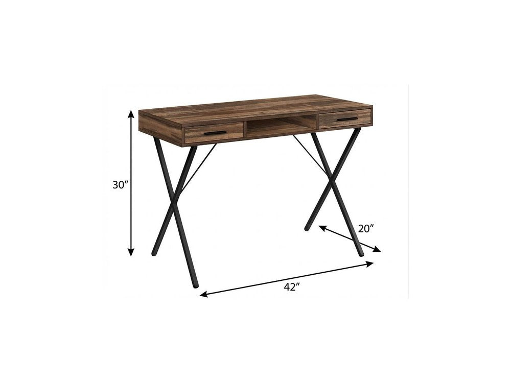 42" Brown and Black Wood and Metal x-Shape Computer Desk With Two Drawers