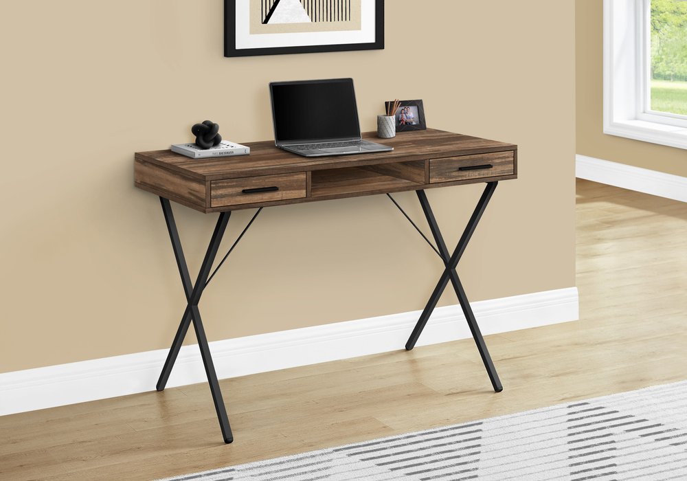 42" Brown and Black Wood and Metal x-Shape Computer Desk With Two Drawers