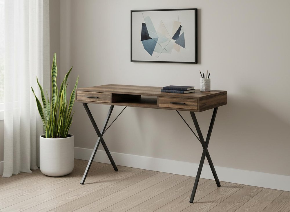 42" Brown and Black Wood and Metal x-Shape Computer Desk With Two Drawers