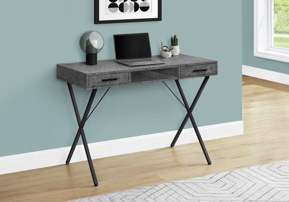 42" Gray and Black Wood and Metal x-Shape Computer Desk With Two Drawers