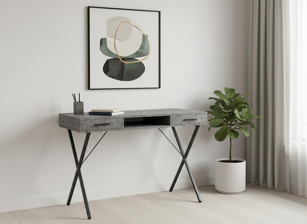 42" Gray and Black Wood and Metal x-Shape Computer Desk With Two Drawers